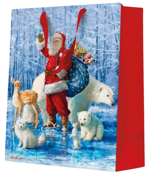 Torebka prezentowa Święty Mikołaj ze zwierzętami, średnia - Papiernicze i szkolne