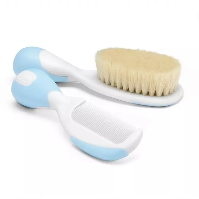 Szczotka z naturalnym włosiem + grzebień, niebieska - Mama i dziecko