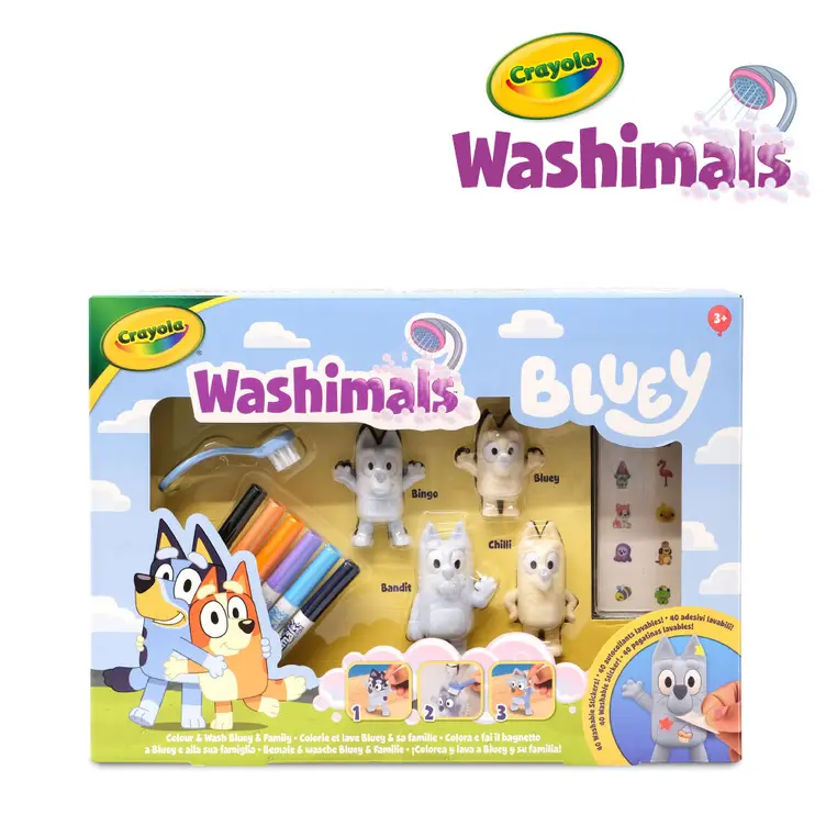Crayola Figurki do malowania i mycia - zestaw zwierzątka 4 szt., flamastry zmywalne 6 szt., szczoteczka, naklejki Washimals Bluey 3+ - Papiernicze i szkolne