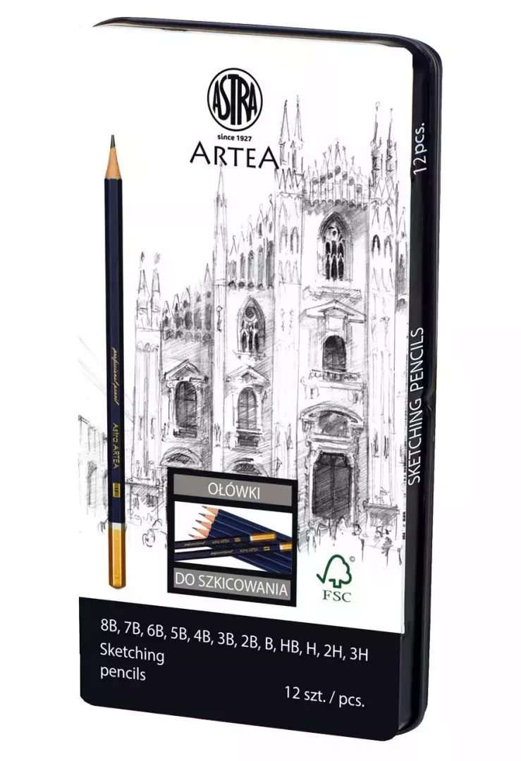 Zestaw 12 ołówków do szkicowania w metalowym pudełku - Papiernicze i szkolne