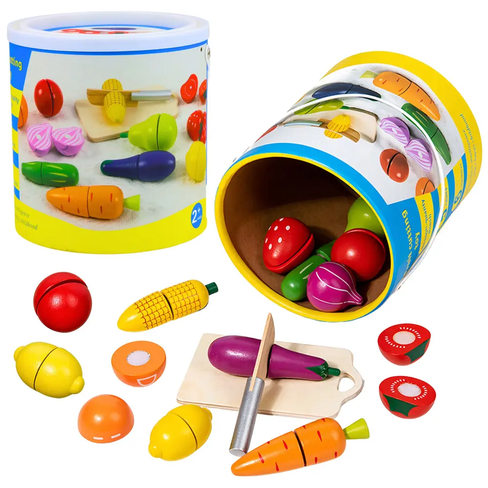 Drewniany Zestaw Owoców Warzyw Do Krojenia Deska Bezpieczny Nóż Wiadro 13el - Gry