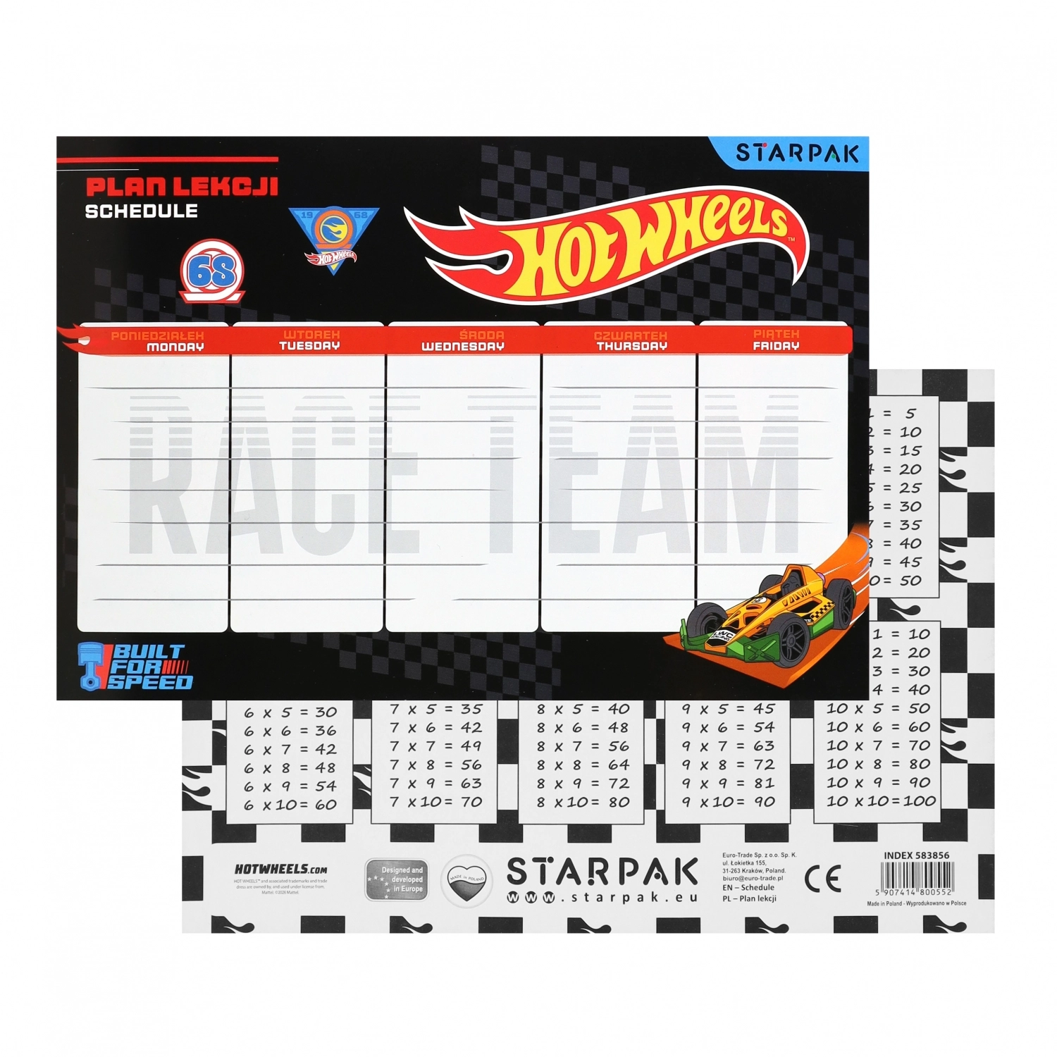 Plan Lekcji A5 z TabliczkĄ MnoŻenia Hot Wheels Black A 25 Starpak 583856 - Papiernicze i szkolne