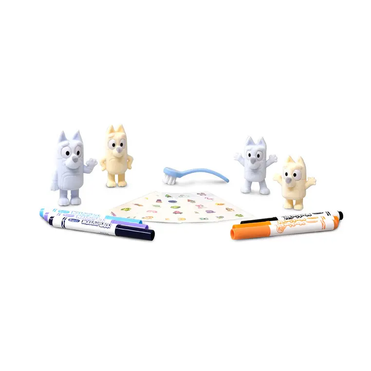 Crayola Figurki do malowania i mycia - zestaw zwierzątka 4 szt., flamastry zmywalne 6 szt., szczoteczka, naklejki Washimals Bluey 3+ - Papiernicze i szkolne