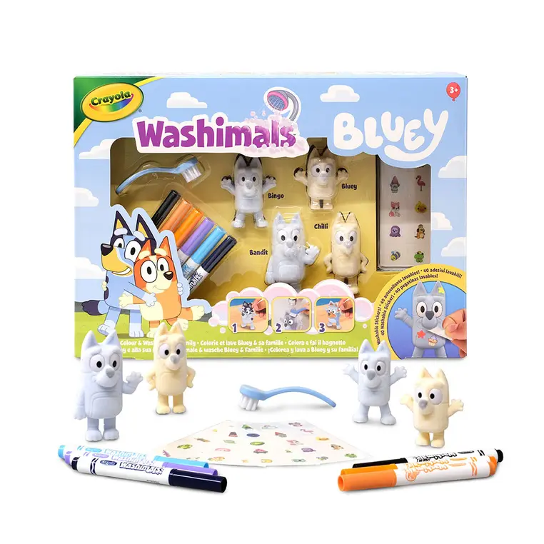 Crayola Figurki do malowania i mycia - zestaw zwierzątka 4 szt., flamastry zmywalne 6 szt., szczoteczka, naklejki Washimals Bluey 3+ - Papiernicze i szkolne