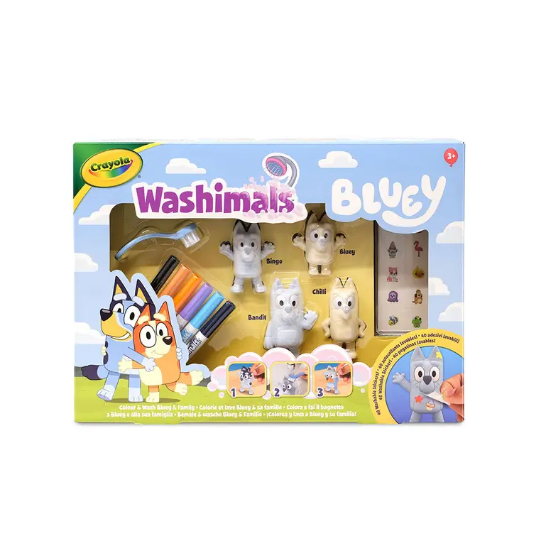 Crayola Figurki do malowania i mycia - zestaw zwierzątka 4 szt., flamastry zmywalne 6 szt., szczoteczka, naklejki Washimals Bluey 3+ - Papiernicze i szkolne