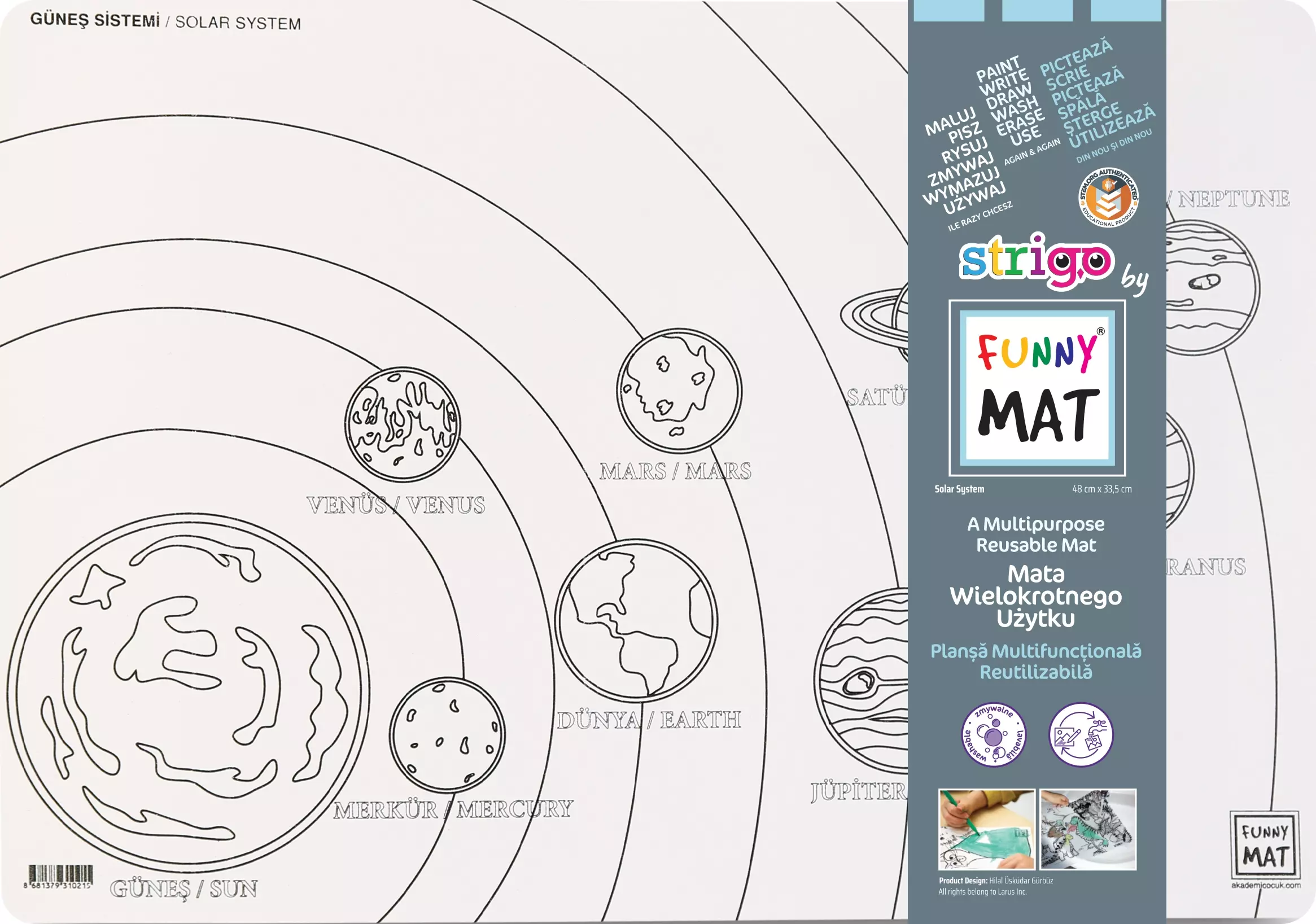Biała mata wodoodporna do kolorowania Strigo by Funny Mat Układ Słoneczny - Papiernicze i szkolne