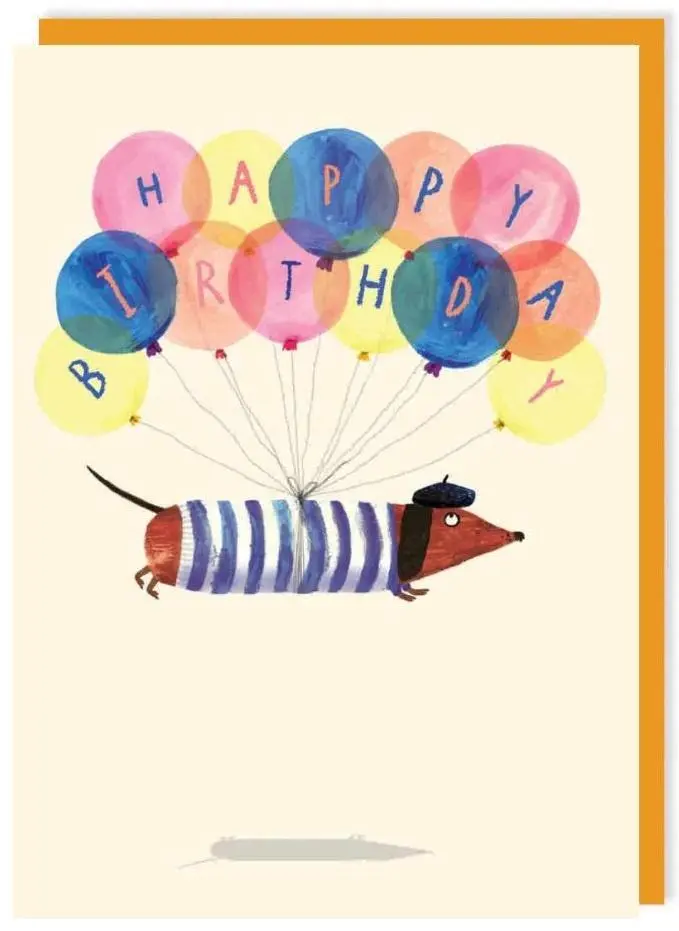 Karnet 267 Urodziny Latający jamnik z balonami - Papiernicze i szkolne
