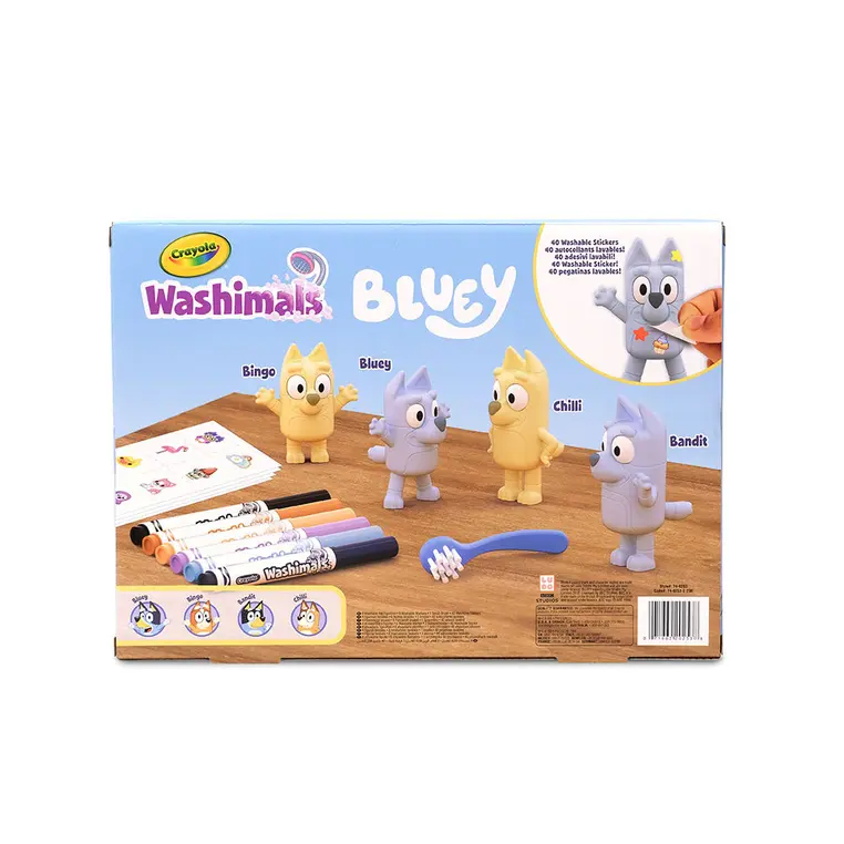 Crayola Figurki do malowania i mycia - zestaw zwierzątka 4 szt., flamastry zmywalne 6 szt., szczoteczka, naklejki Washimals Bluey 3+ - Papiernicze i szkolne