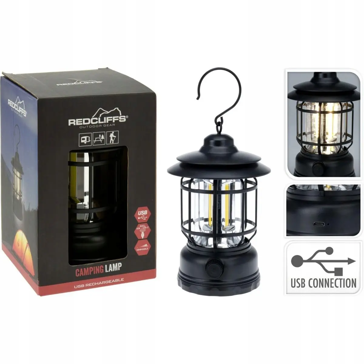 Latarka Lampa Camping Czarna 18CM Ładowanie USB Redcliffs - Elektronika i akcesoria
