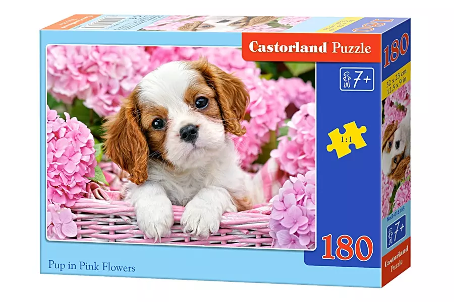 Puzzle 180 elementów. Piesek wśród różowych kwiatów - Puzzle