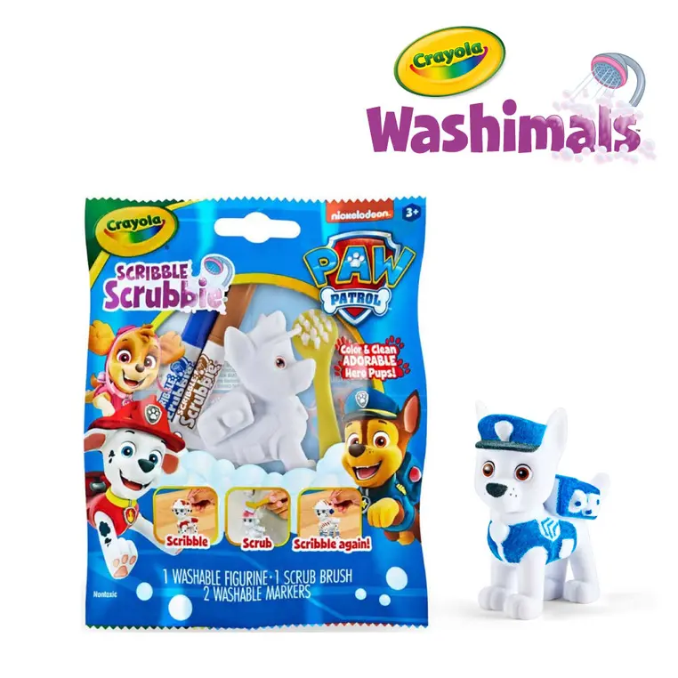 Crayola Figurki do malowania i mycia - zestaw zwierzątko 1szt., flamastry zmywalne 2 szt., szczoteczka Washimals Psi Patrol 3+ (opakowanie zbiorcze 24szt., 6 wzorów) - Papiernicze i szkolne