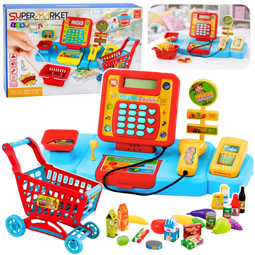 Kasa Sklepowa Interaktywna Supermarket Wózek Skaner Waga Produkty Spożywcze - Zabawki