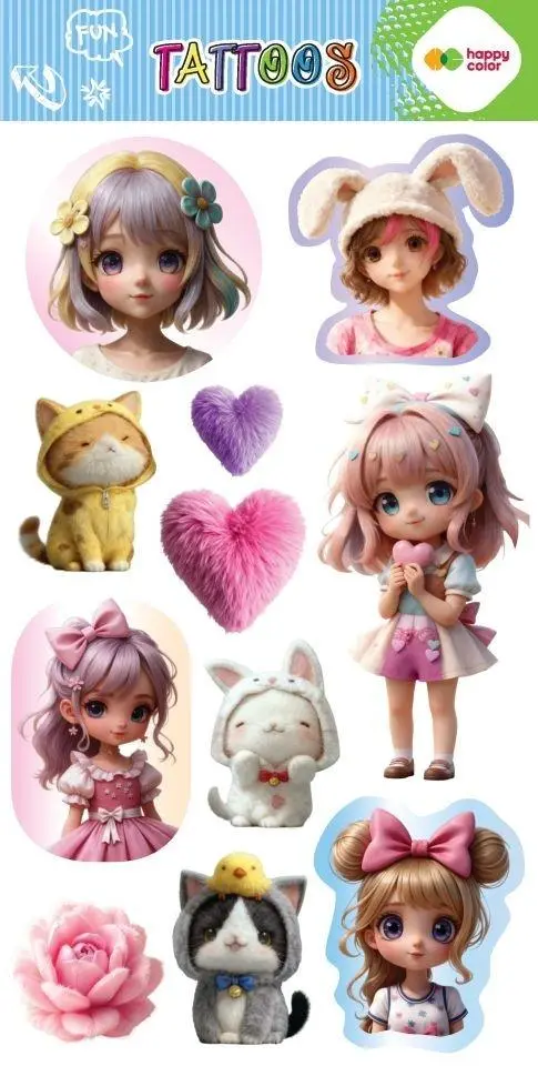 Tatuaże zmywalne Kawaii Girls HAPPY COLOR - Papiernicze i szkolne
