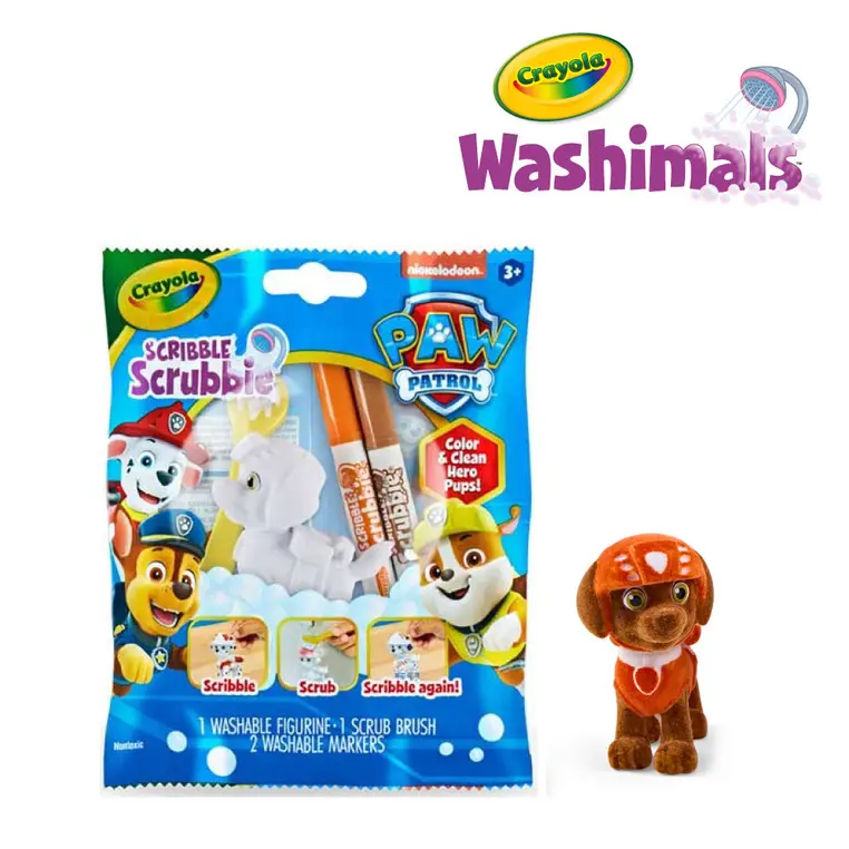 Crayola Figurki do malowania i mycia - zestaw zwierzątko 1szt., flamastry zmywalne 2 szt., szczoteczka Washimals Psi Patrol 3+ (opakowanie zbiorcze 24szt., 6 wzorów) - Papiernicze i szkolne