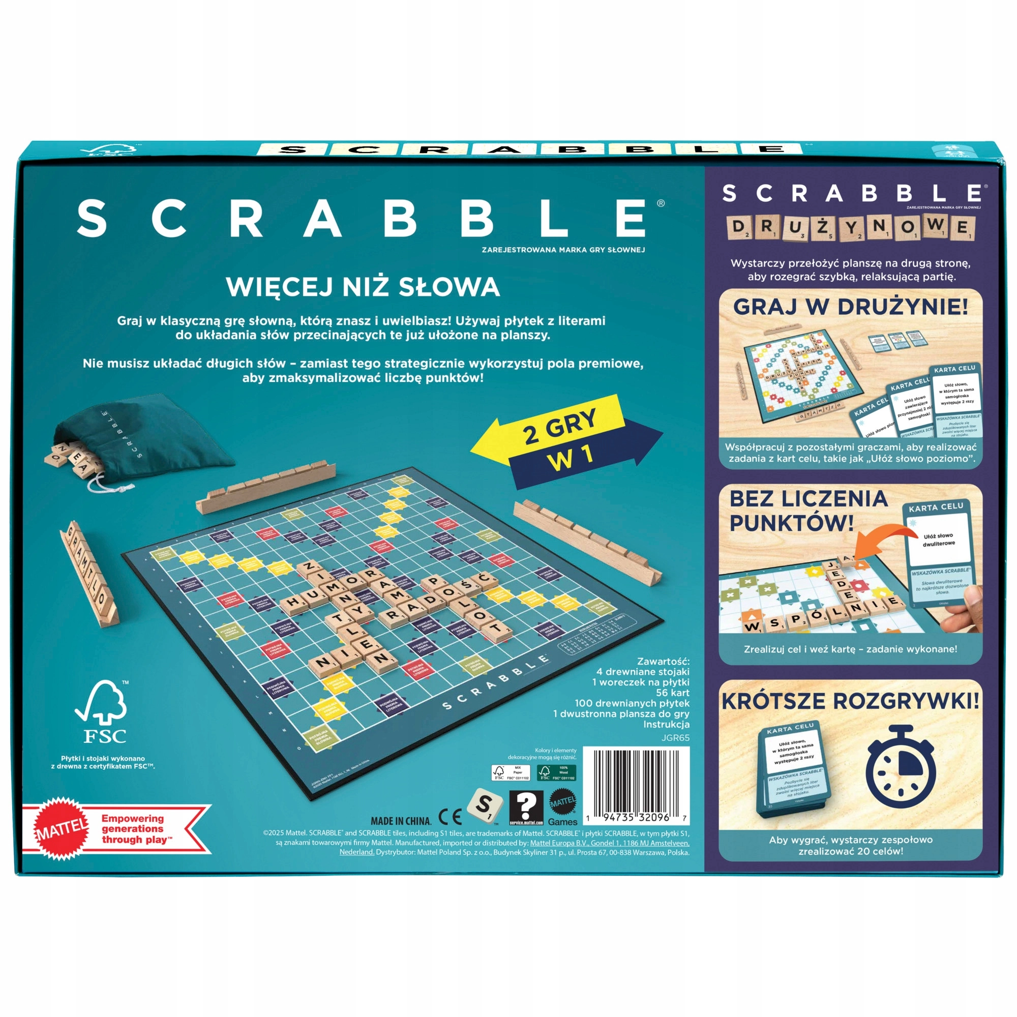 Scrabble Drewniane elementy Rodzinna gra 2w1 Klasyczne i drużynowe JGR65 - Gry
