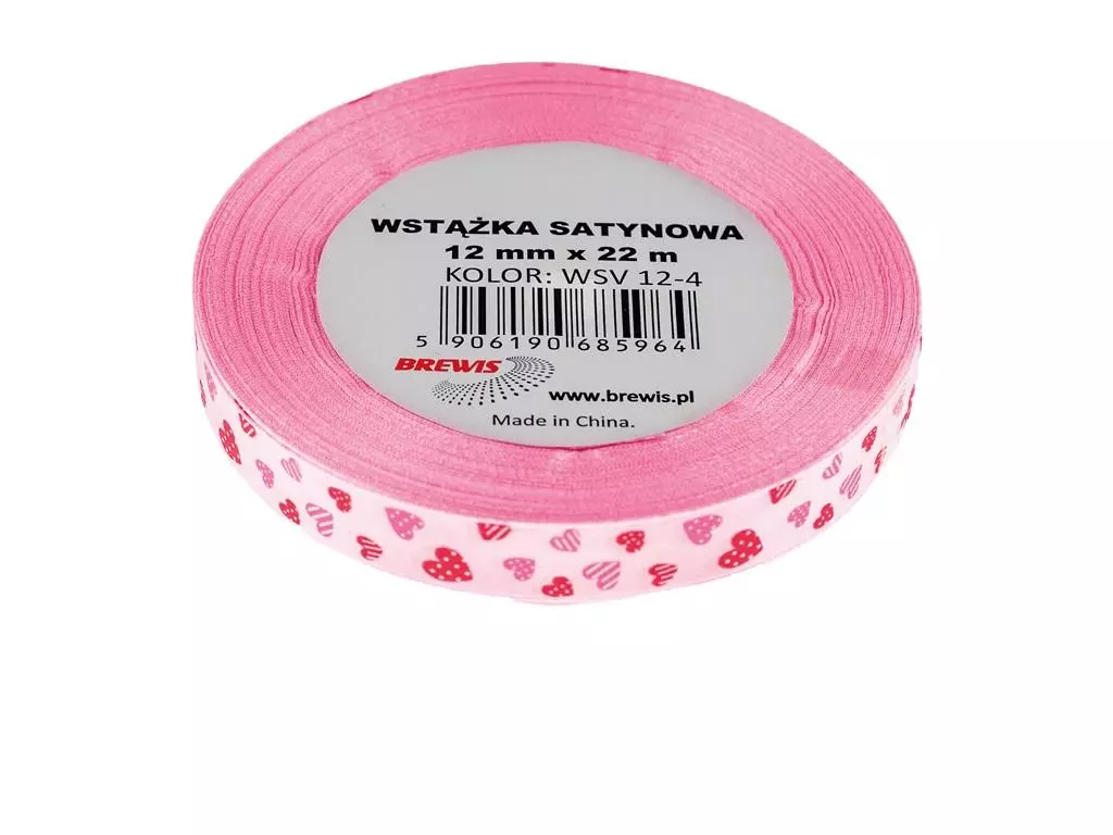 Wstążka satynowa serca różowa 12mmx22m - Papiernicze i szkolne