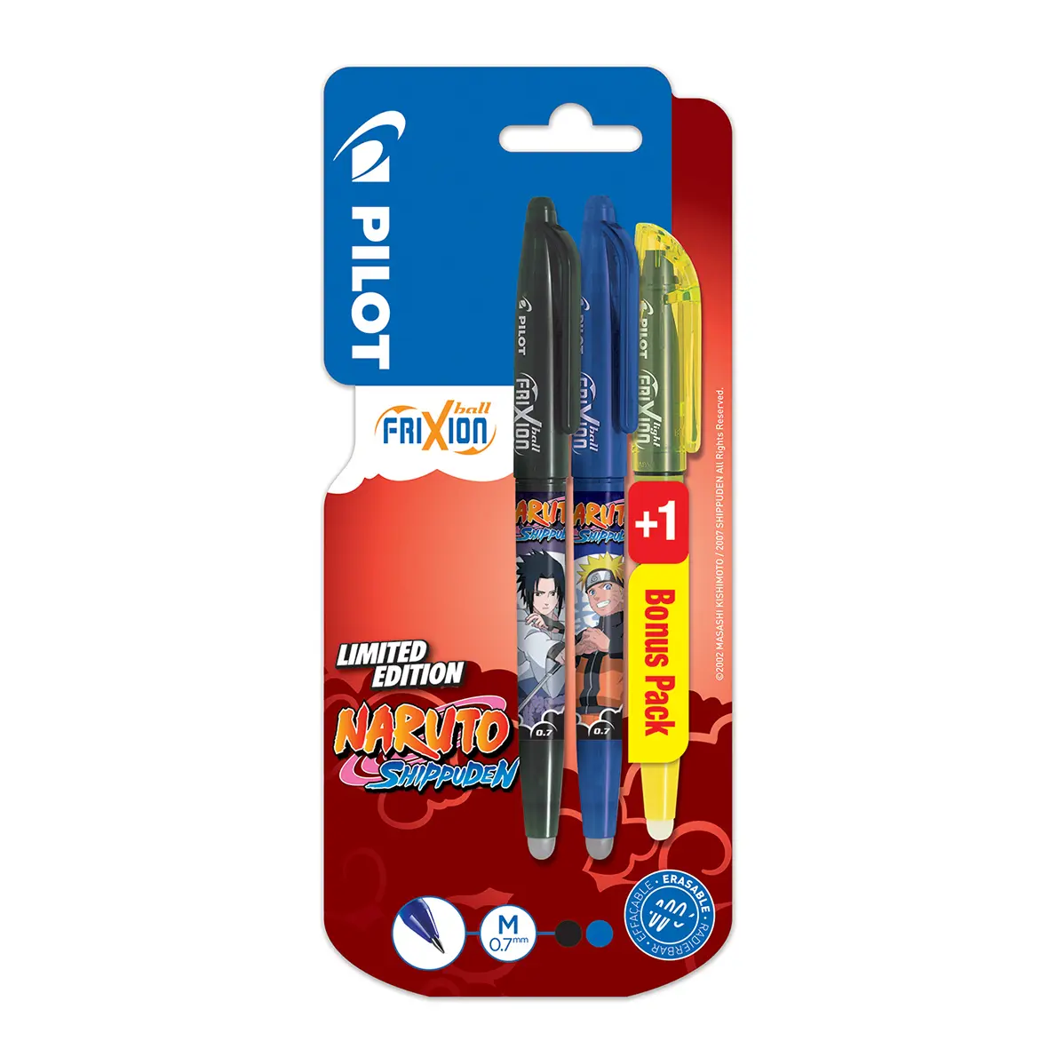 Pióro kulkowe Frixion Ball Naruto Pilot niebieskie + czarne + zakreślacz Frixion light żółty blister - Papiernicze i szkolne