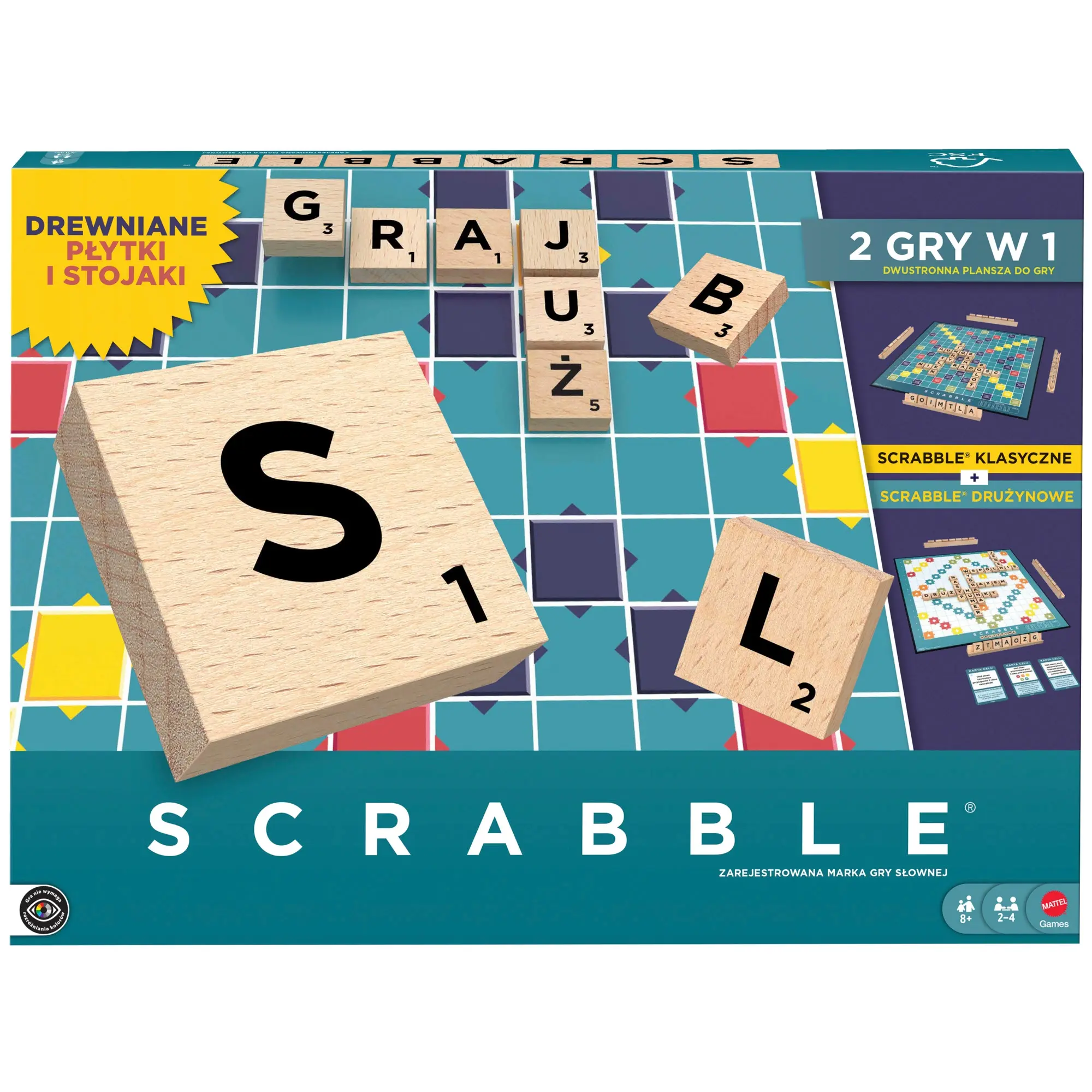 Scrabble Drewniane elementy Rodzinna gra 2w1 Klasyczne i drużynowe JGR65 - Gry