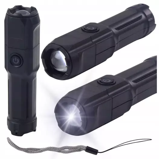 Latarka LED Regulacja Zoom 3 Tryby Świecenia Ładowanie USB Czarna - Zabawki