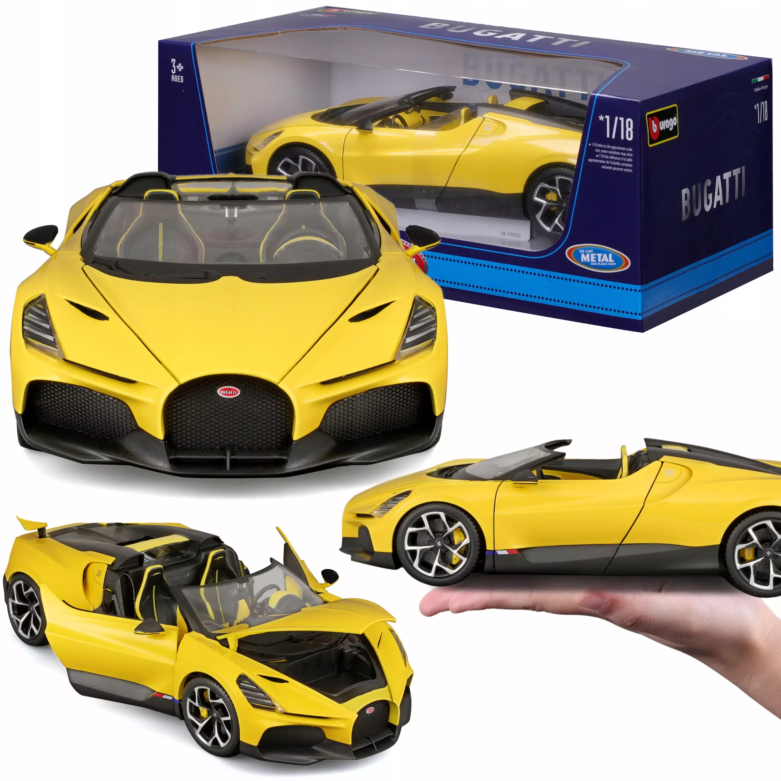 Bugatti Mistral W16 1:18 Bburago 18-11051 ŻÓŁTY ROADSTER SPORTOWY SAMOCHÓD - Zabawki